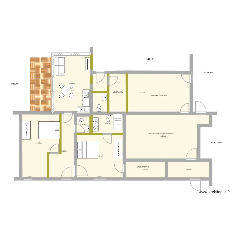 appartement dans bar vestiaires. Plan de 10 pièces et 141 m2