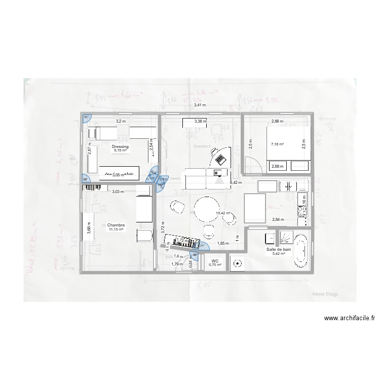 Appartement Chalopin. Plan de 6 pièces et 53 m2