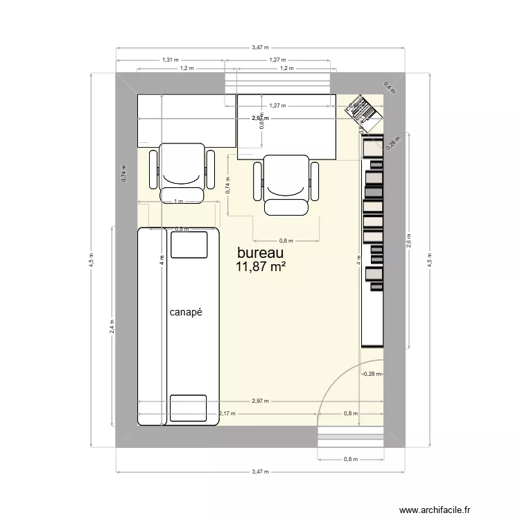 bureau 1. Plan de 1 pièce et 12 m²