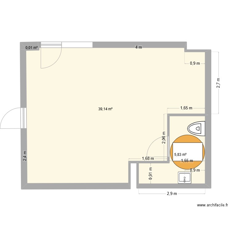 salle de repos sanitaire. Plan de 3 pièces et 45 m2