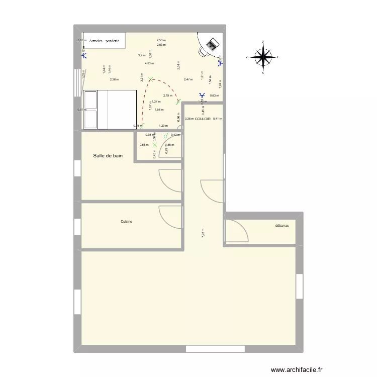 appartement F2 hugo. Plan de 6  et 65 m²