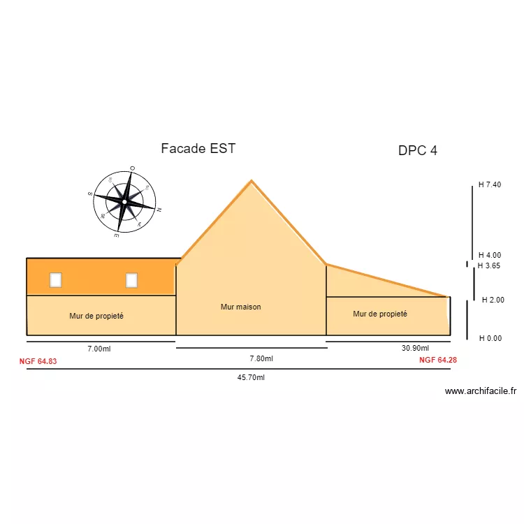 Facade EST         Gisyles nobles. Plan de 3  et 73 m²