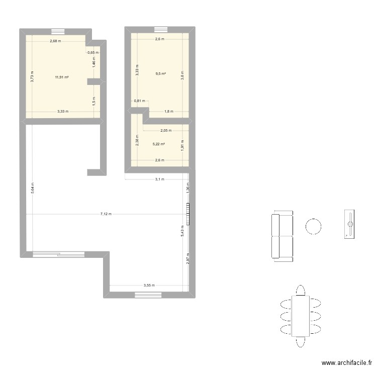 Appart. Plan de 3 pièces et 27 m2