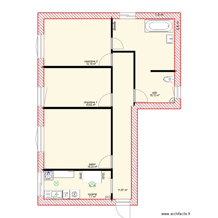 T3 chez moi. Plan de 6 pièces et 75 m2