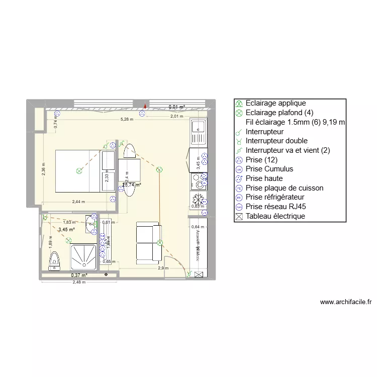 Mireille Perrard plan &eacute;lec T1 bis. Plan de 6  et 30 m²
