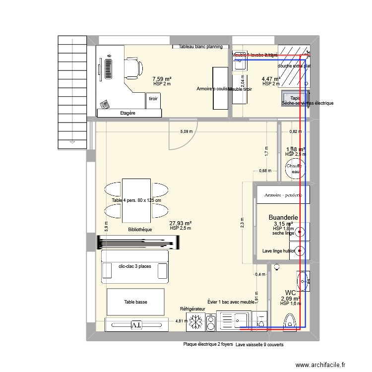 salle de repos + bureau. Plan de 6 pièces et 47 m2