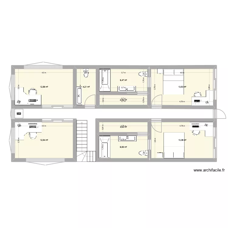 TM3. Plan de 9 pièces et 75 m²