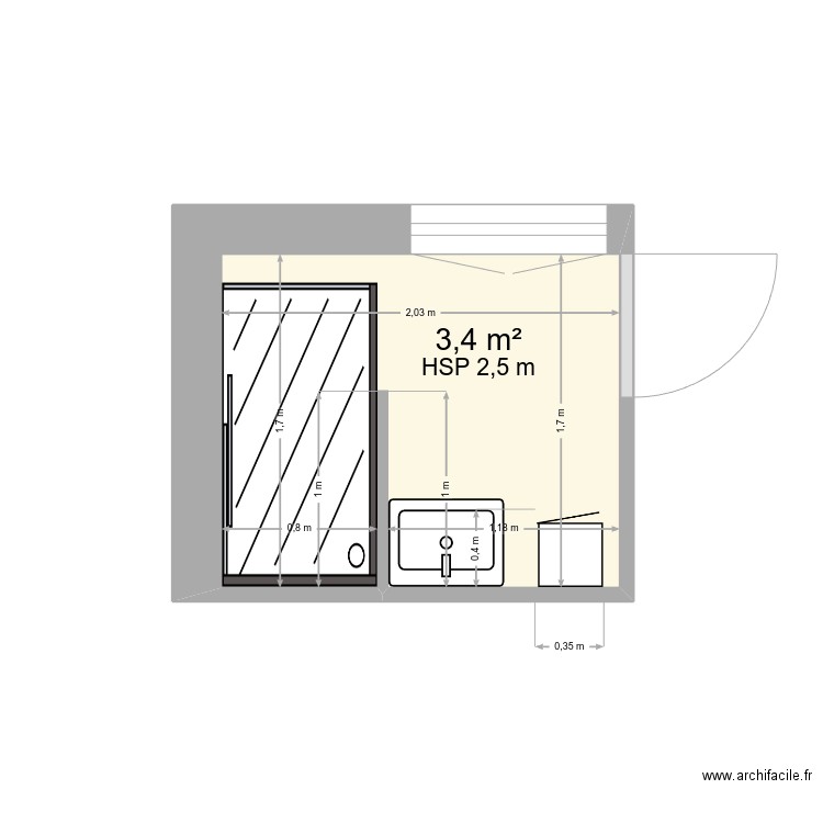Salle d'eau. Plan de 1 pièce et 3 m2
