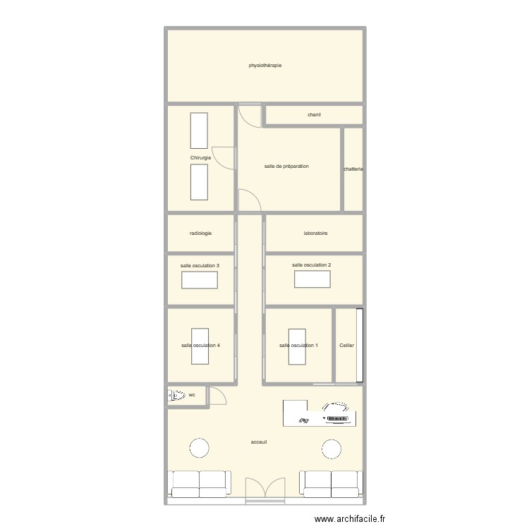 clinique vétérinaire stage. Plan de 14 pièces et 111 m2