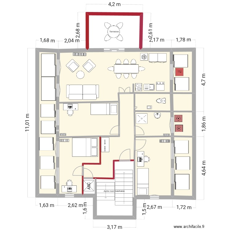 Plan 2eme Etage.Modifications. Plan de 14 pièces et 125 m2