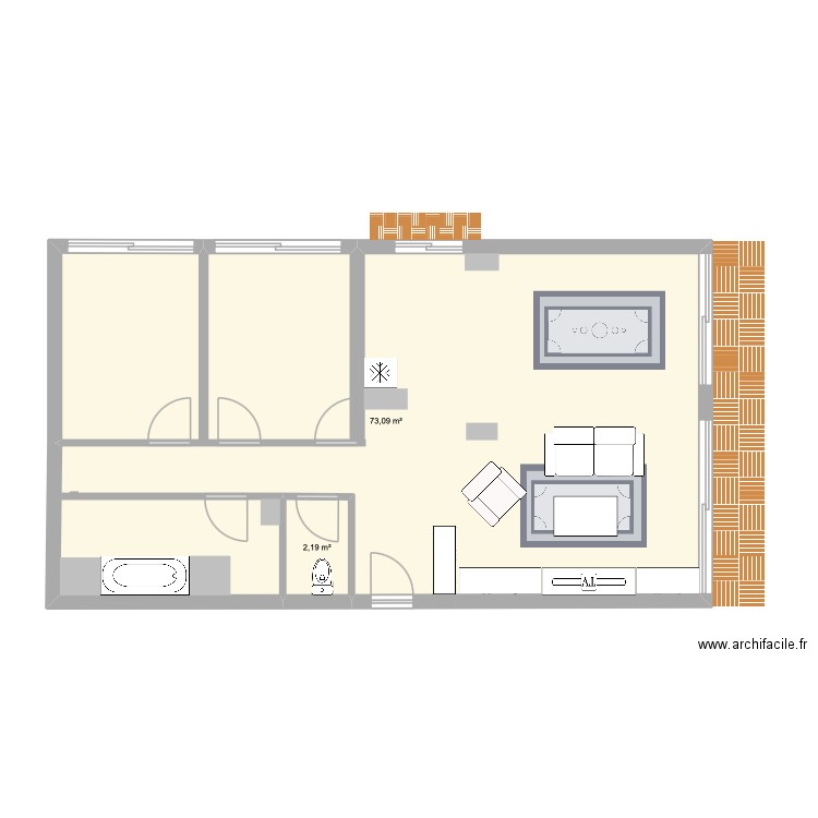 second après. Plan de 2 pièces et 75 m2