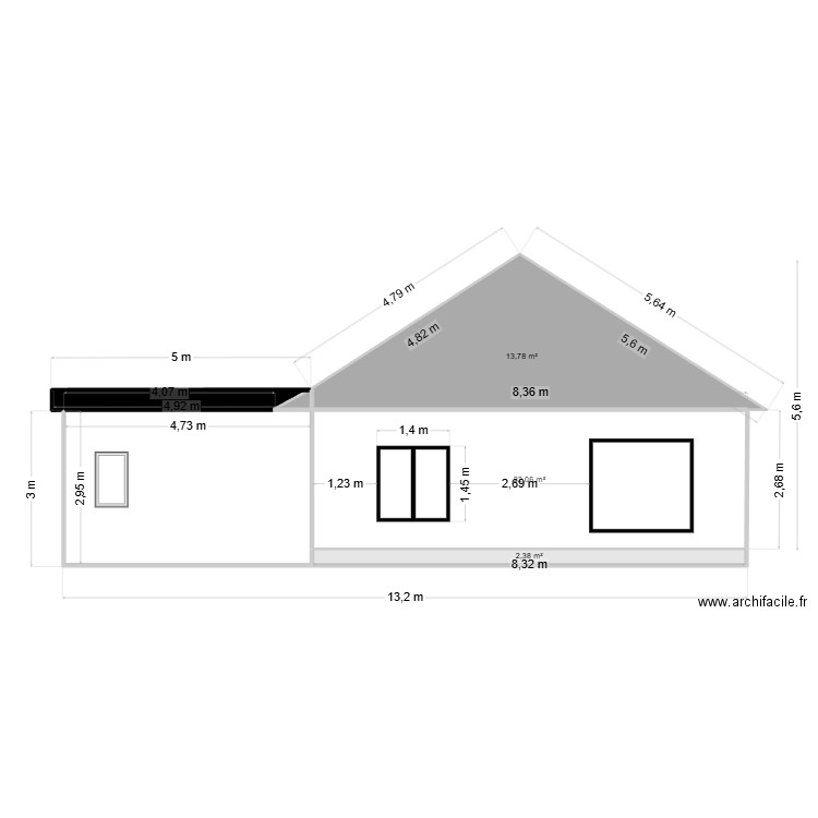 Plan facade  ouest garage. Plan de 5 pièces et 54 m2