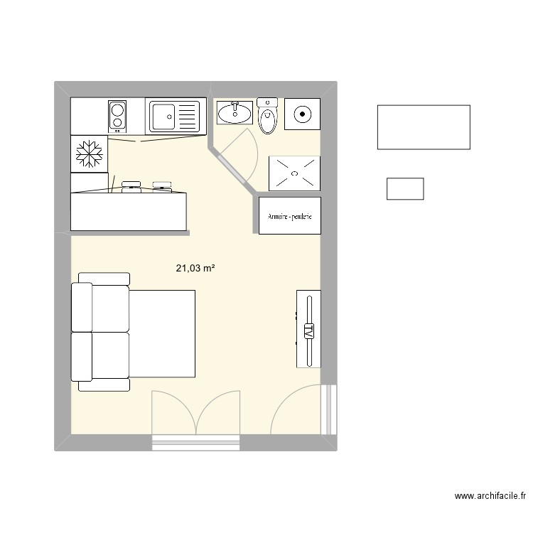 Studio 3. Plan de 1 pièce et 21 m2