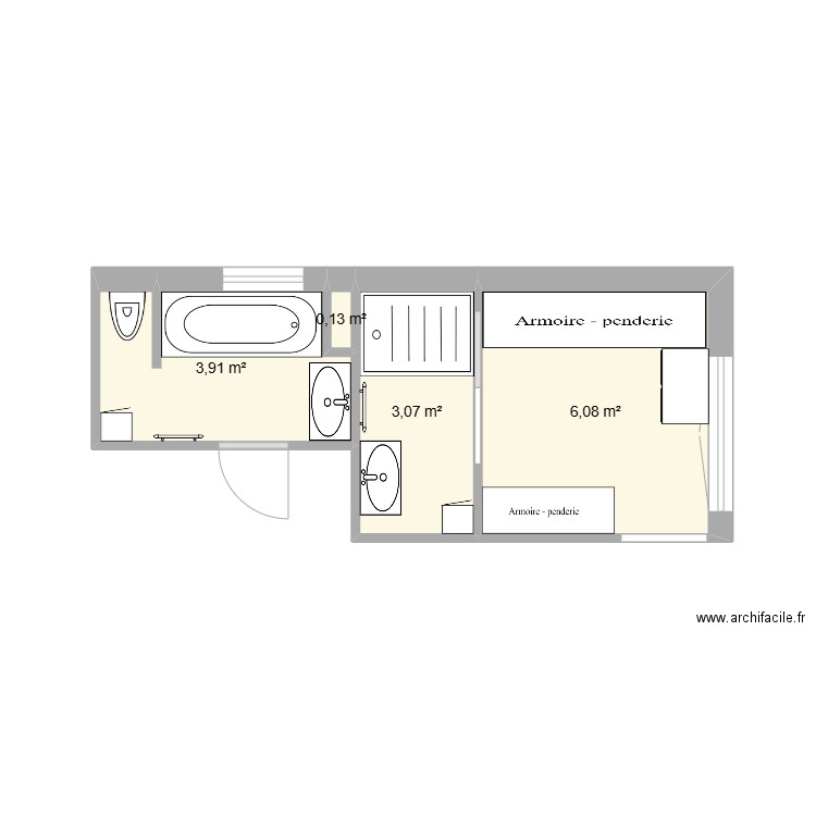 Salle d'eau + dressing. Plan de 4 pièces et 13 m2