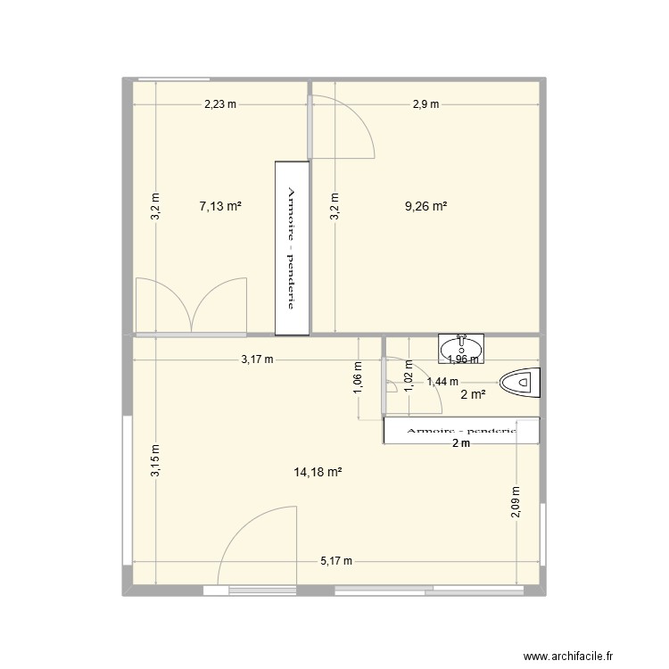 Hall d'entrée. Plan de 4 pièces et 33 m2