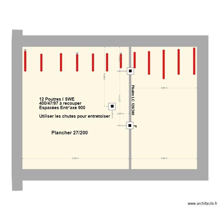 Plancher  COMBLES'. Plan de 2 pièces et 72 m2