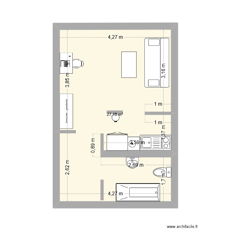appart méline. Plan de 1 pièce et 27 m2