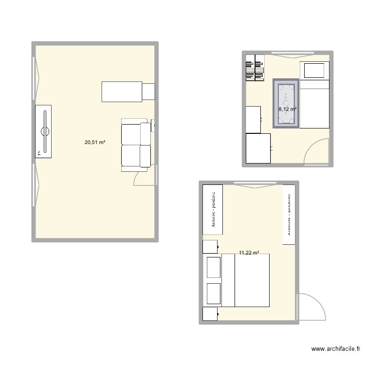 Bevenais. Plan de 3 pièces et 40 m2