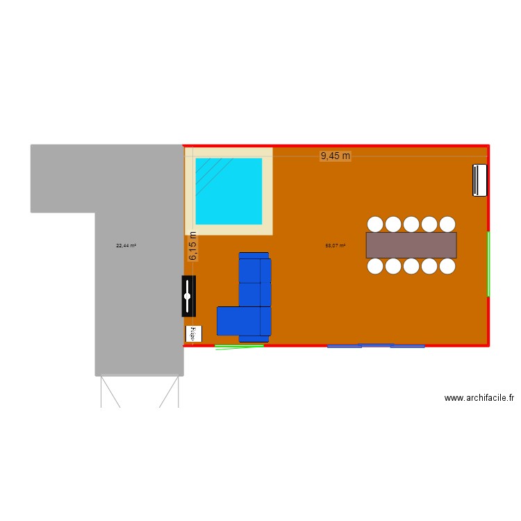 veranda. Plan de 2 pièces et 81 m2
