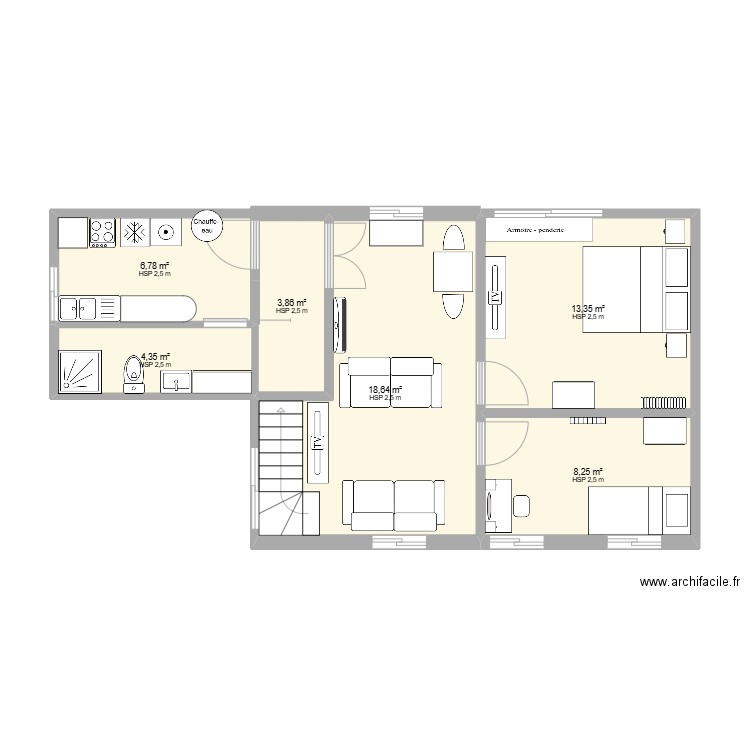 qrgdfsh. Plan de 6 pièces et 55 m2