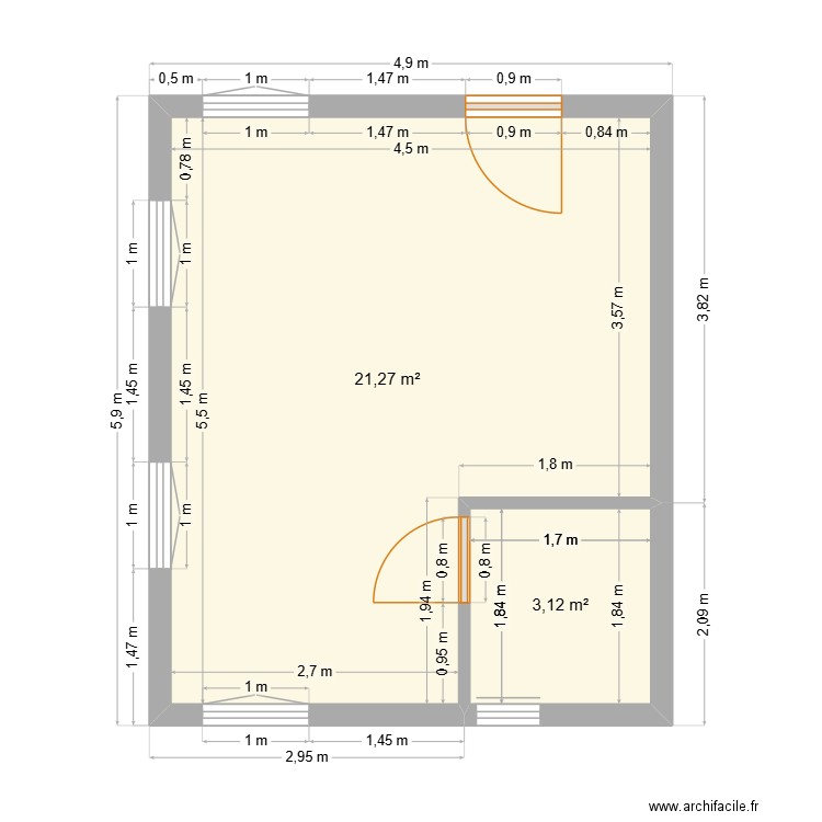 projet bureau avec cotes NU 2.00. Plan de 3 pièces et 49 m2