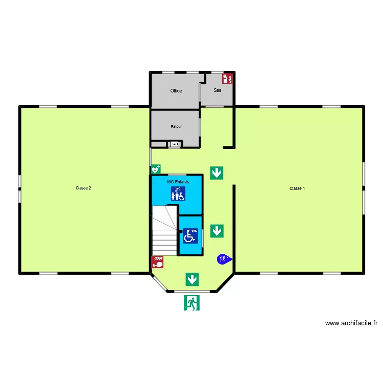Plan d\'&eacute;vacuation Ecole Montessori RDC. Plan de 9  et 156 m²