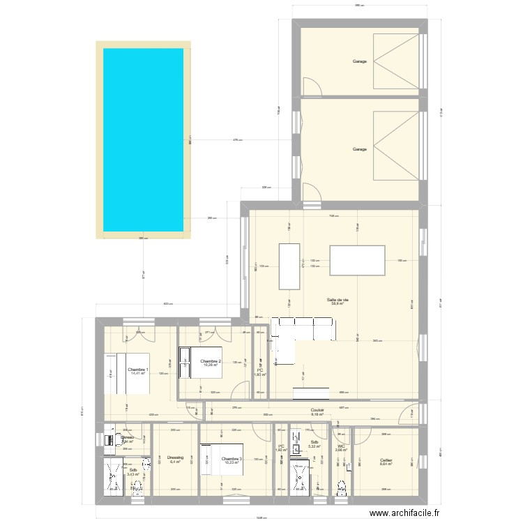 béa6. Plan de 15 pièces et 175 m2