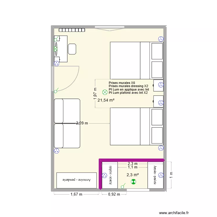 Chambre filles. Plan de 2  et 24 m²
