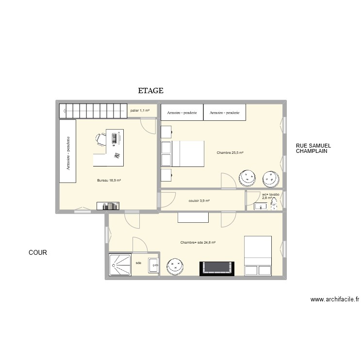 Chaigneau étage. Plan de 5 pièces et 42 m2