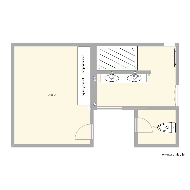 chambre lounes +SALLE DE BAIN. Plan de 3 pièces et 85 m2
