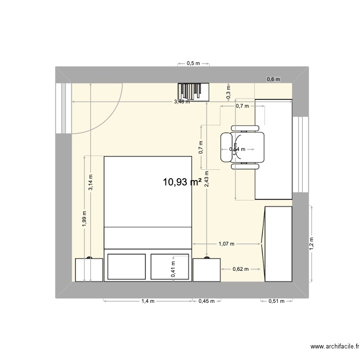 Chambre 1. Plan de 1 pièce et 11 m2