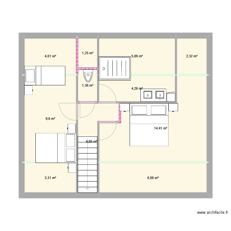 Colleville étage. Plan de 11 pièces et 58 m2