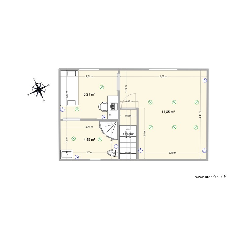 COMBLE. Plan de 4 pièces et 28 m2