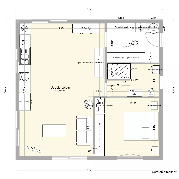 Coatu. Plan de 3 pièces et 60 m²