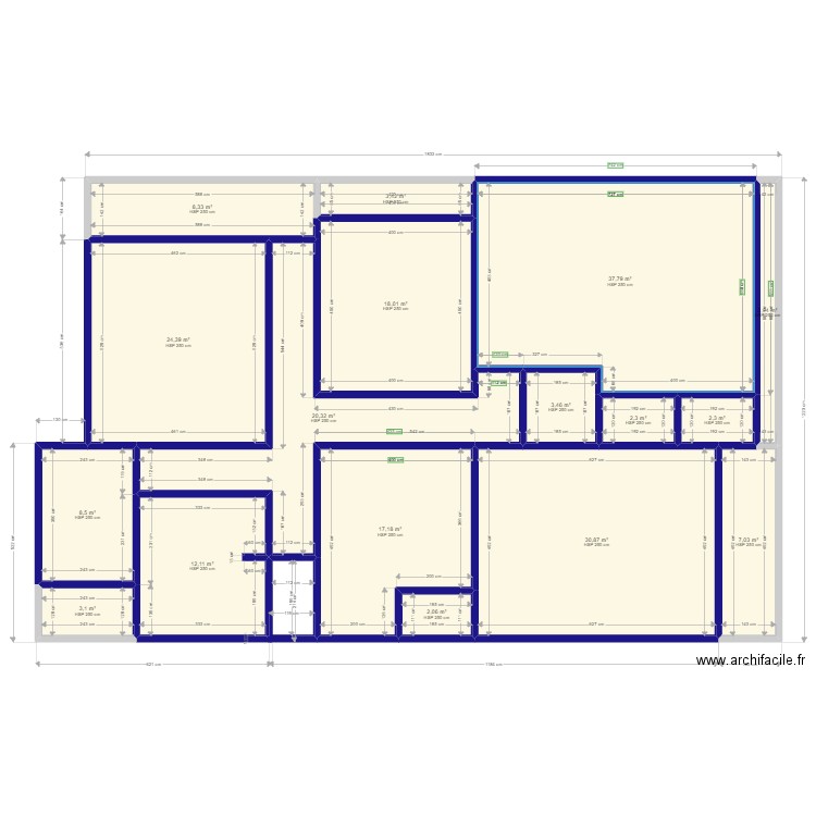 Plan A2. Plan de 17 pièces et 204 m2