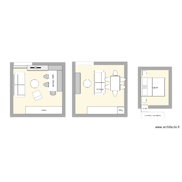 Salon V2. Plan de 3 pièces et 43 m2