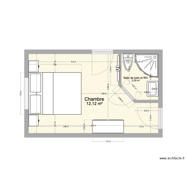 Chambre indépendante maison du meunier RDC. Plan de 2 pièces et 14 m2