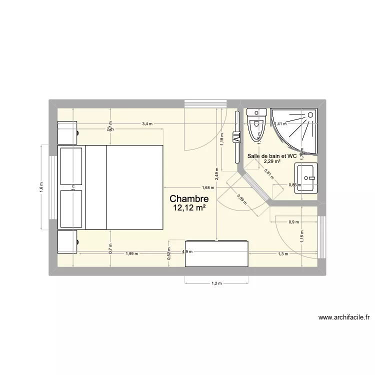 Chambre ind&eacute;pendante maison du meunier RDC. Plan de 
