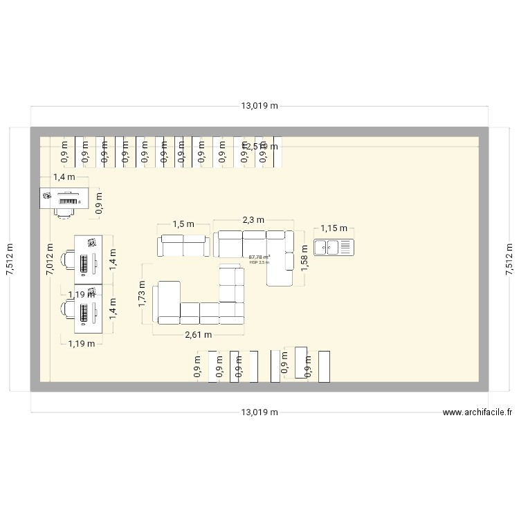 Tête de cul. Plan de 1 pièce et 88 m2