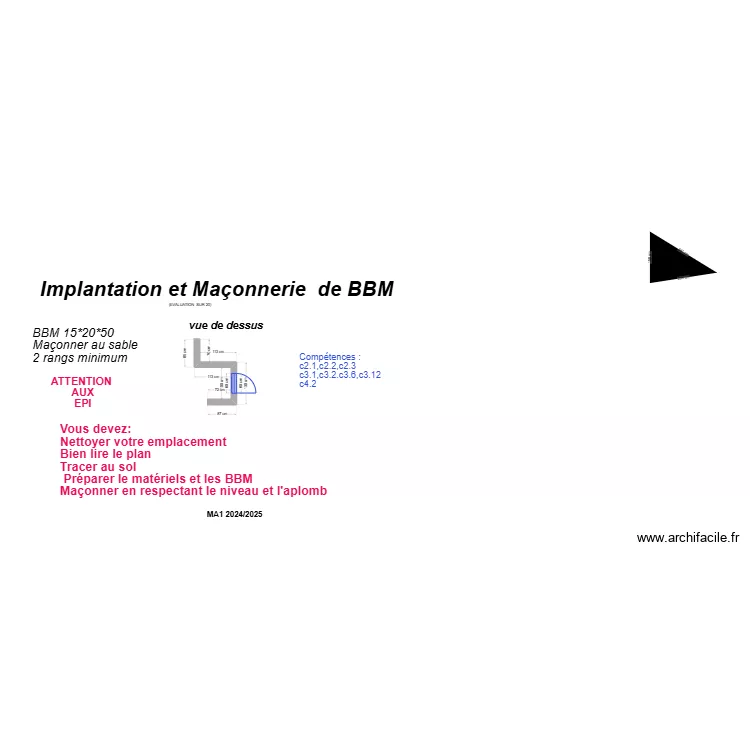 Evaluation sur l'implantation et la ma&ccedil;onnerie de bbm . Plan de 