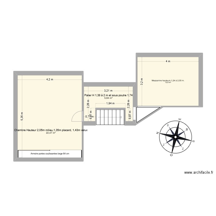 Etage. Plan de 3 pièces et 41 m2