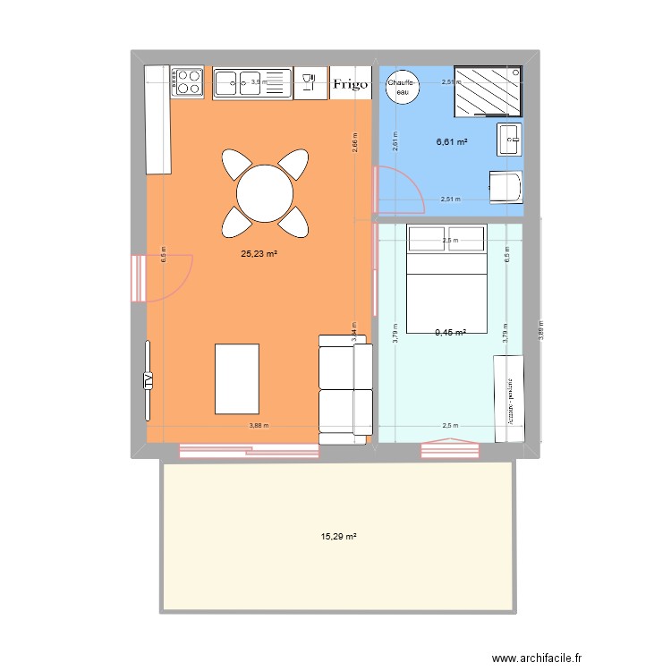 maison 49 m2 au sol. Plan de 4 pièces et 57 m2