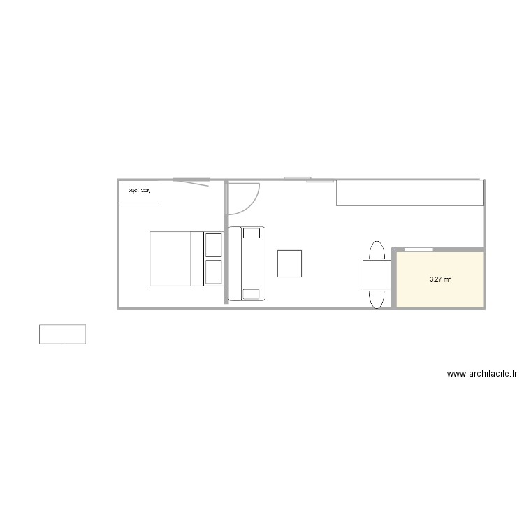 studio meublé V2. Plan de 1 pièce et 3 m2
