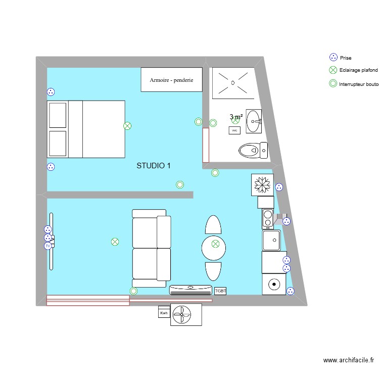 STUDIO 1 BLEU FINAL. Plan de 2 pièces et 29 m2