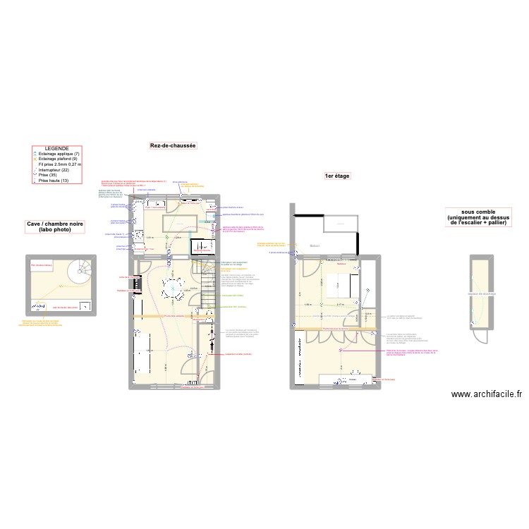 Plan maison - plan des prises et des interrupteurs. Plan de 12 pièces et 96 m2