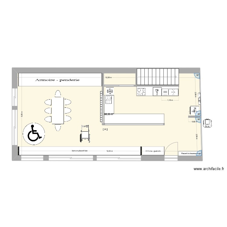 salle et cuisine. Plan de 1 pièce et 69 m2