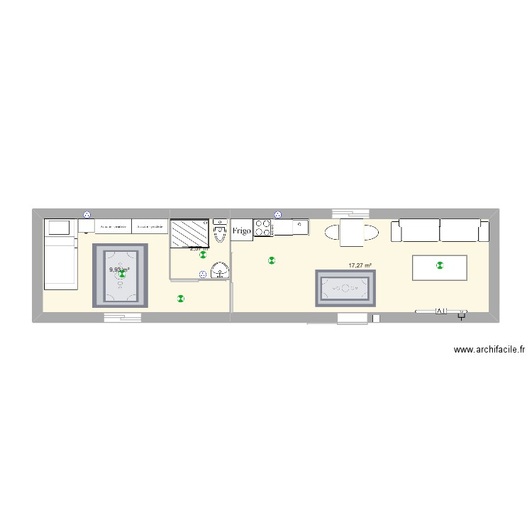 conteneur ouvrier. Plan de 3 pièces et 30 m2