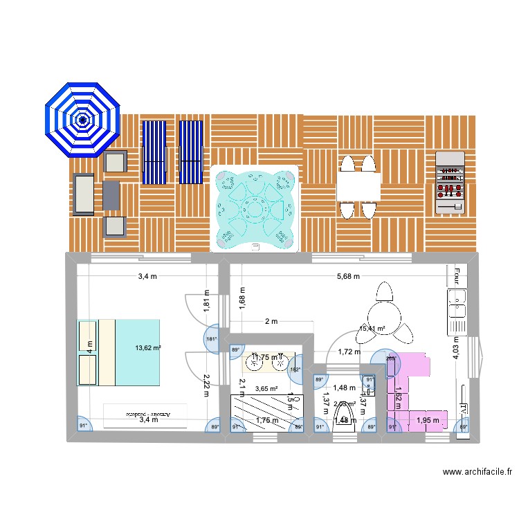 Cabane couple 35 m2. Plan de 4 pièces et 35 m2