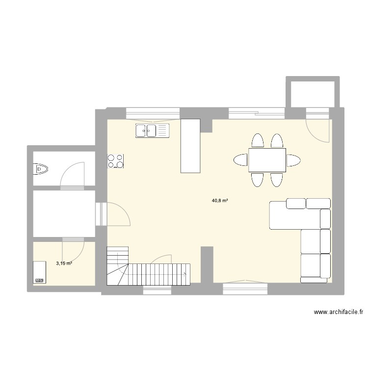Rez Latérale. Plan de 2 pièces et 44 m2