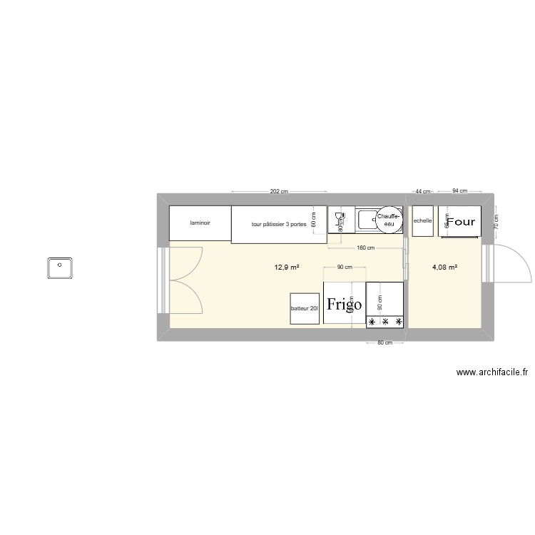 labo patissier. Plan de 2 pièces et 17 m2